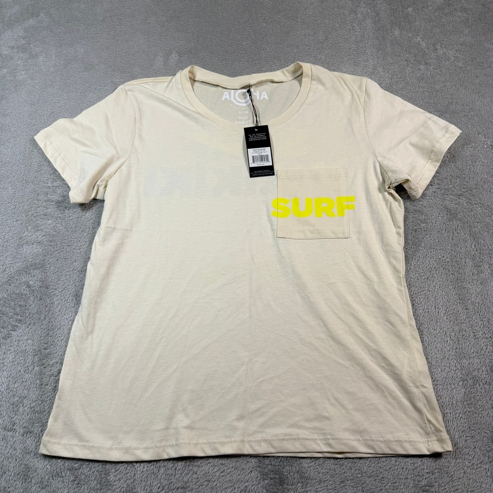 ALOHA Collection Pocket Tee Women S/M Beige Surf Waikiki Short Sleeve Cotton NWT